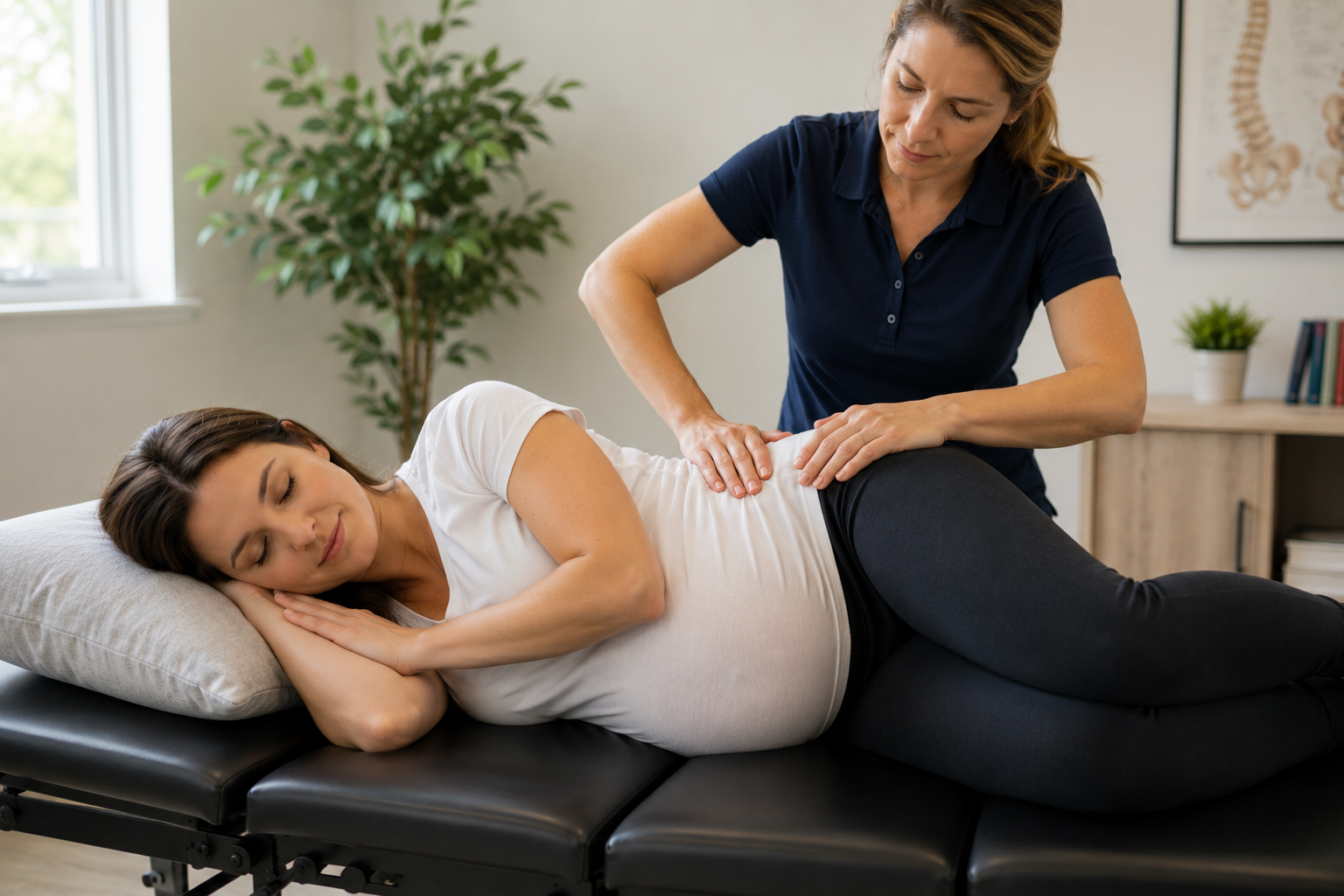 Pregnant woman receiving gentle chiropractic care for pelvic pain at Boardman Family Chiropractic