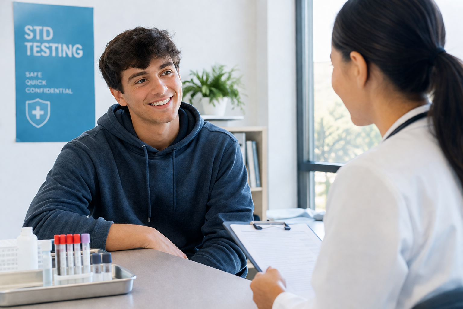 College student speaking with a healthcare provider about STD testing College student speaking with a healthcare provider about STD testing