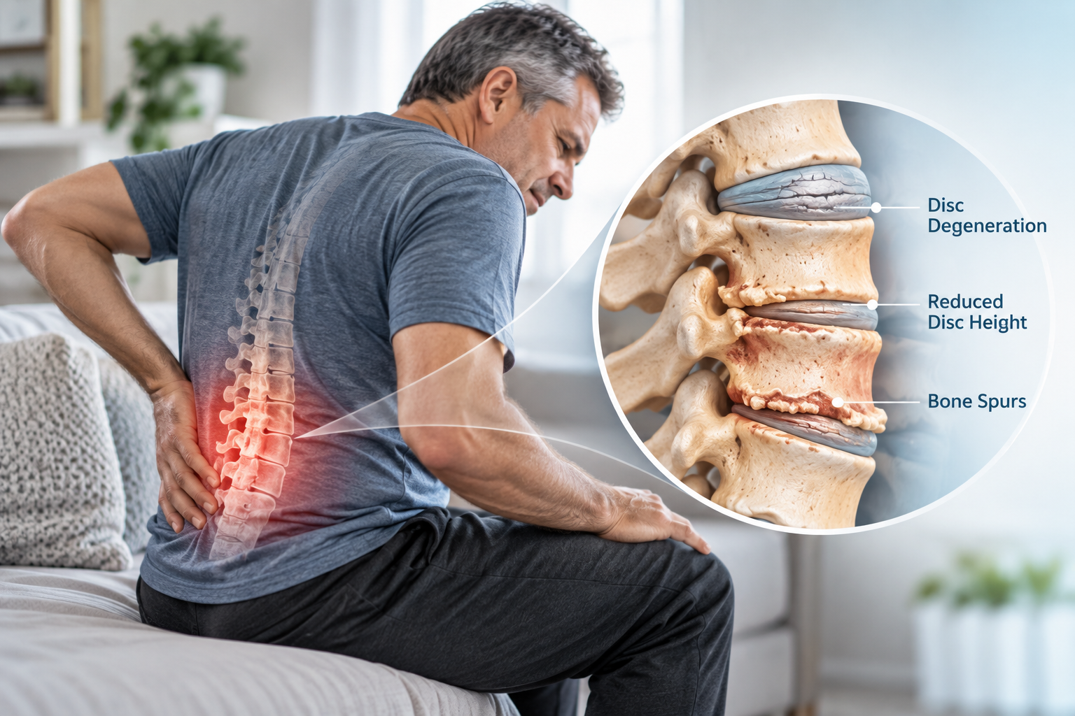 Adult experiencing early symptoms of a degenerative spine condition