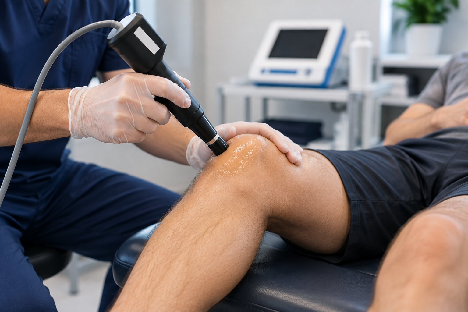 Patient receiving shockwave therapy for injury recovery at HealthWorks, Summerville Disc & Neuropathy Center Patient receiving shockwave therapy for injury recovery at HealthWorks, Summerville Disc & Neuropathy Center
