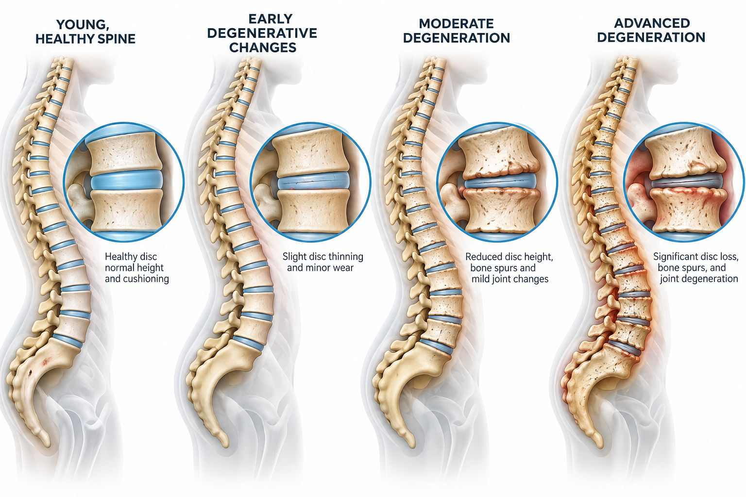 Aging can bring natural changes to the discs, joints, and other structures of the spine.