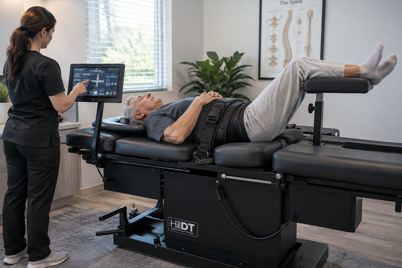 Patient receiving spinal decompression therapy for chronic back pain