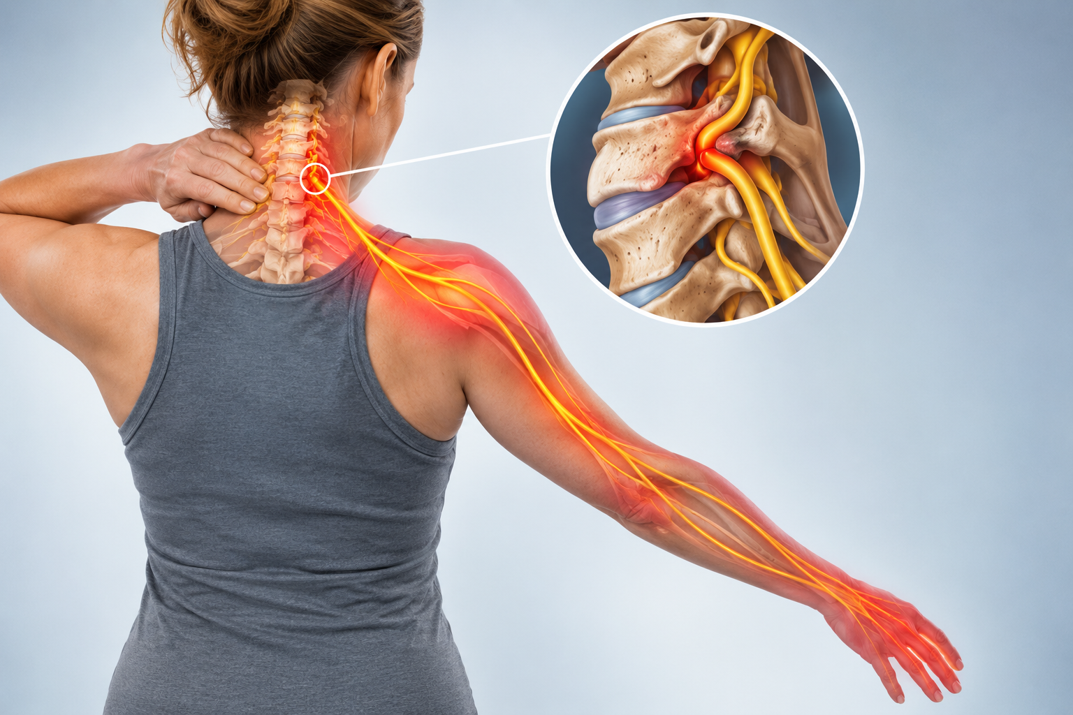 Neck pain that travels into the arm can sometimes be related to irritation or compression of a nerve in the cervical spine.