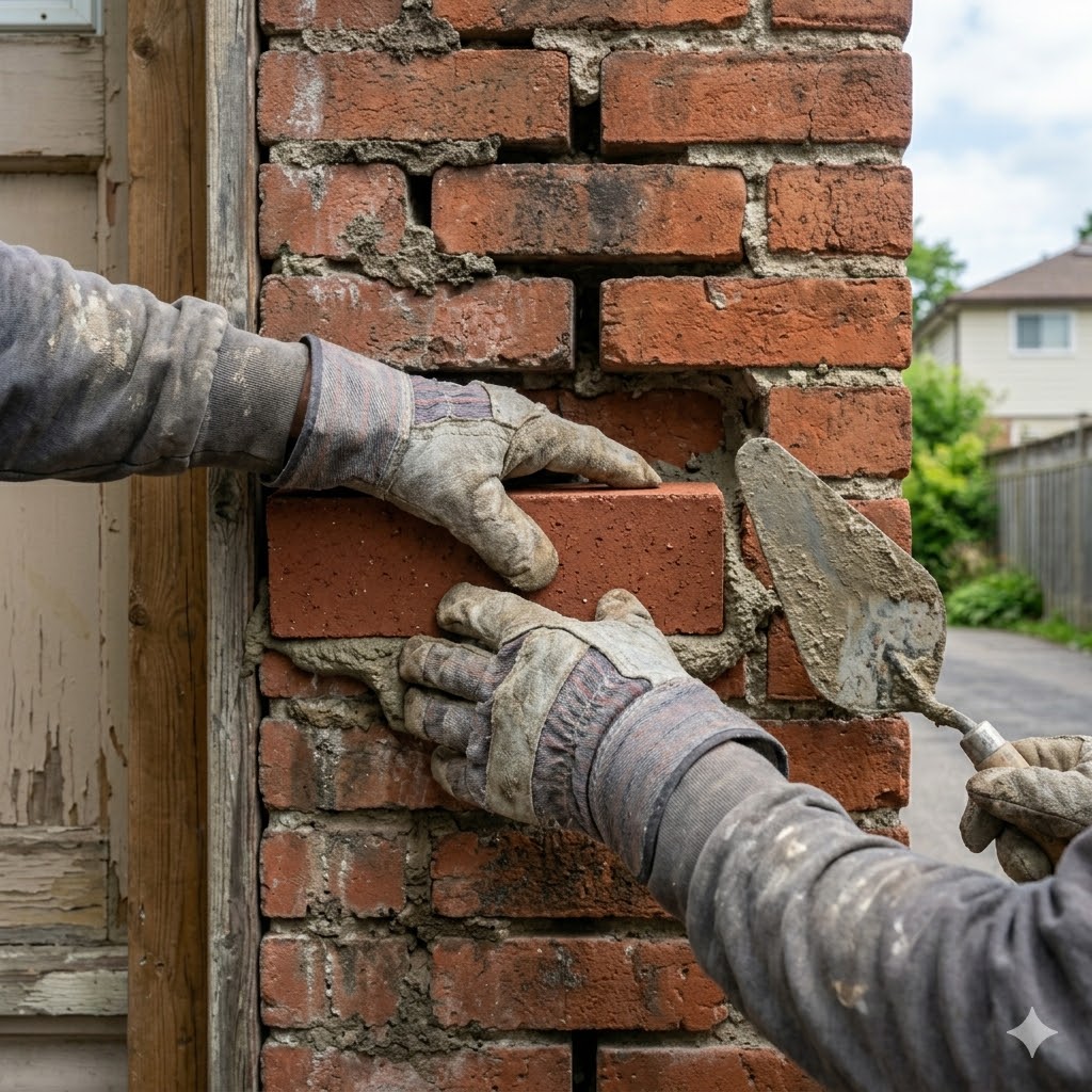 Brick and masonry repair with fresh mortar tuckpointing