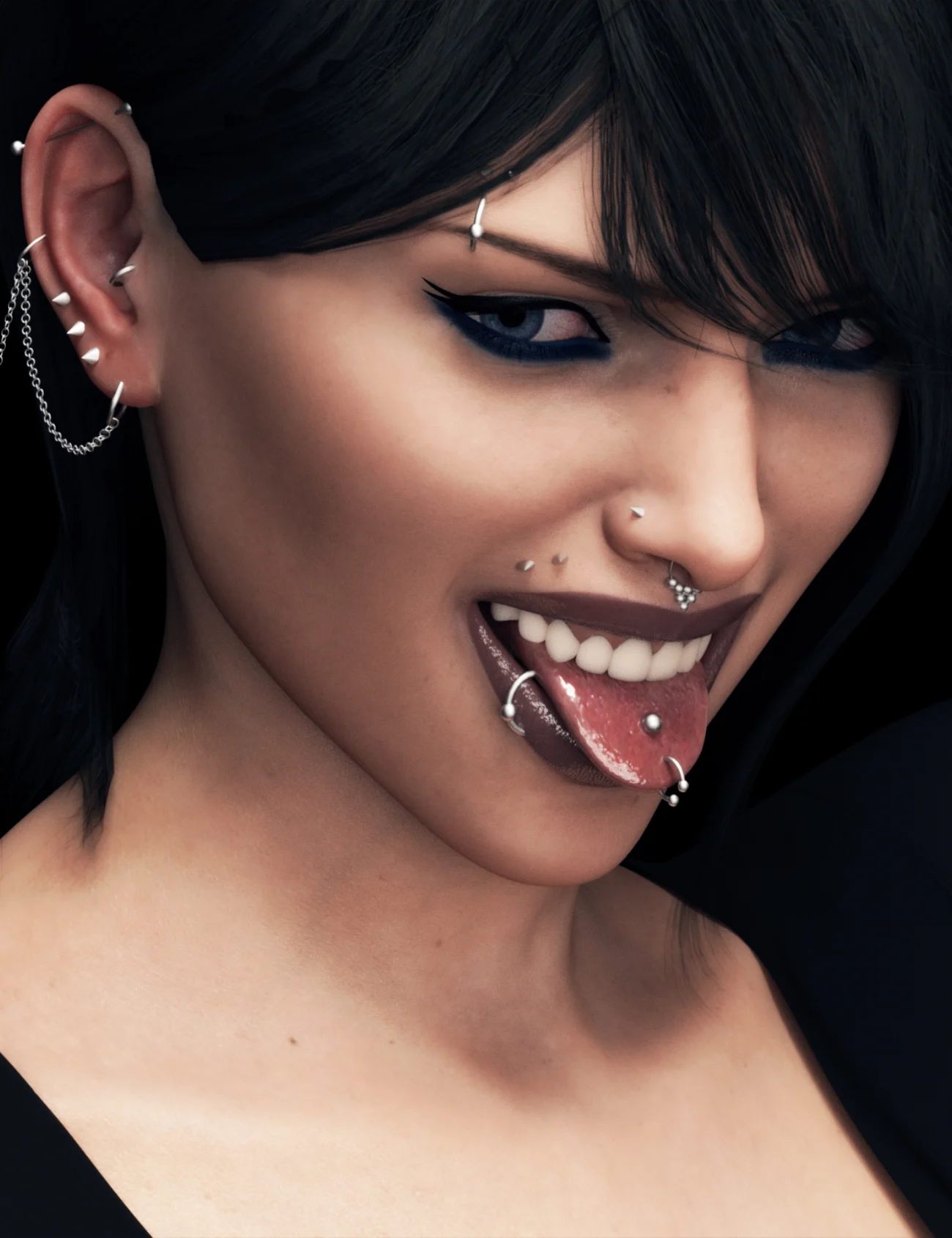 Close-up of a person with multiple facial piercings, including a lip ring, septum ring, and various ear piercings, showcasing a bold style and individuality, reflecting the expertise of professional piercers at GameFace Tattoos in Orlando, FL.