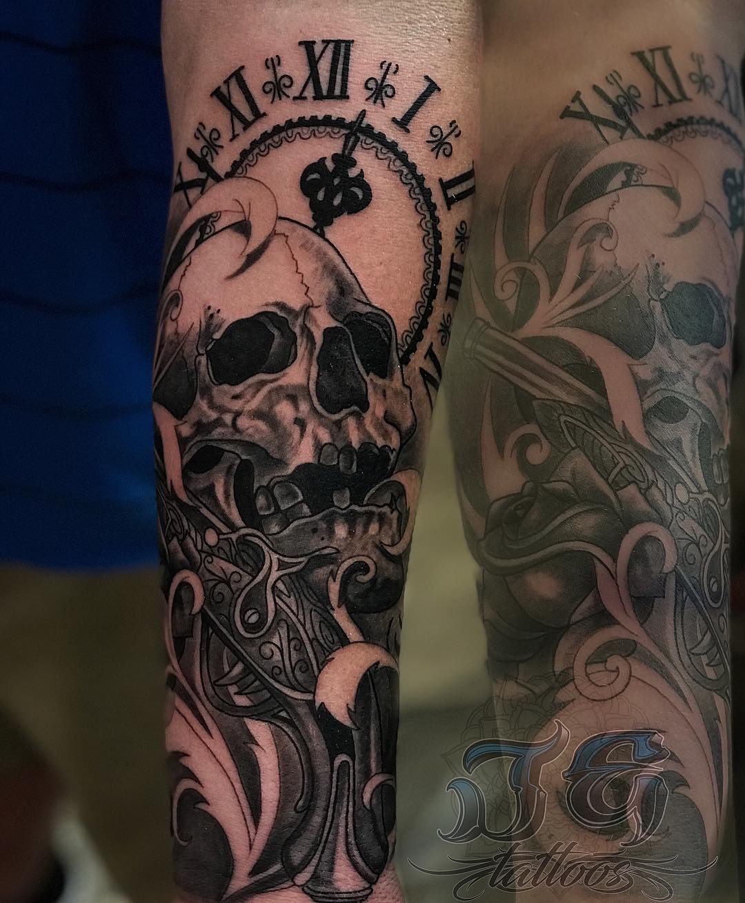 Skull tattoo design featuring intricate clock elements and floral patterns, showcasing the artistry of Jest Estevez at GameFace Tattoos.