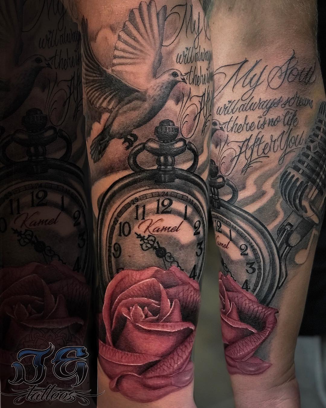 Tattoo design featuring a detailed clock, a flying dove, and a vibrant rose, accompanied by elegant script text, showcasing Jest Estevez's artistry at GameFace Tattoos.