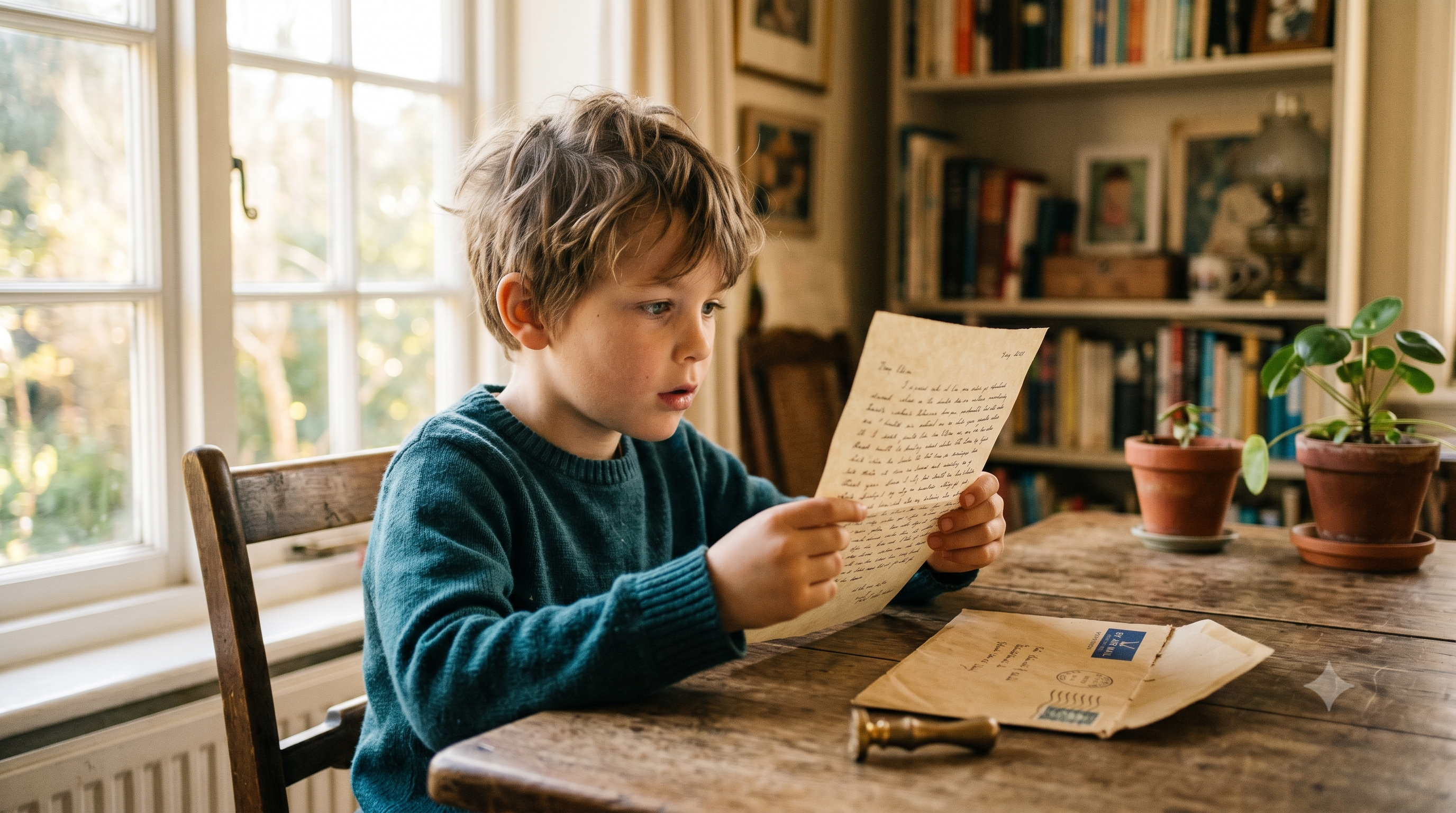 Child reading a letter at the kitchen table with anticipation