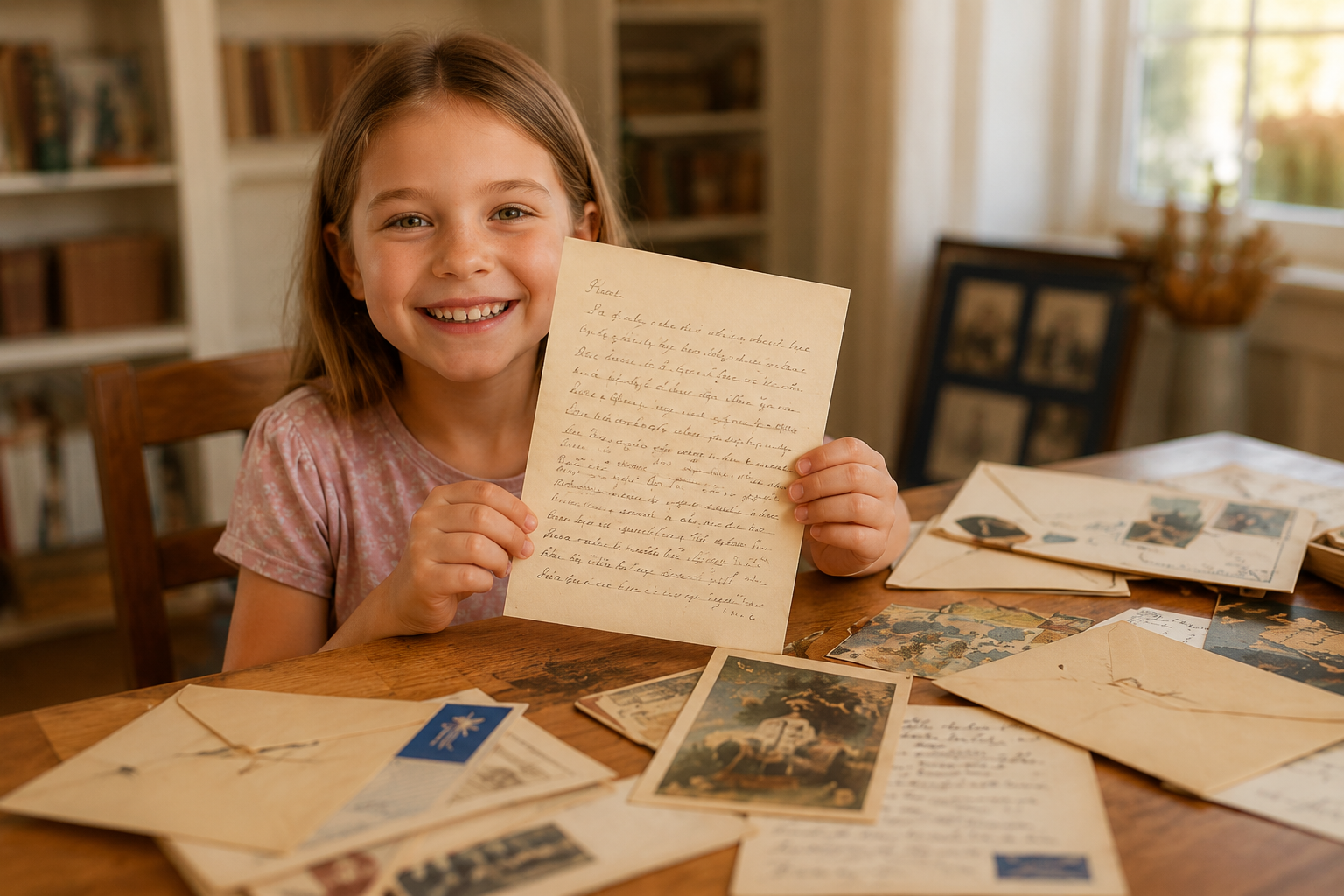 Child's hand writing a letter with a fountain pen