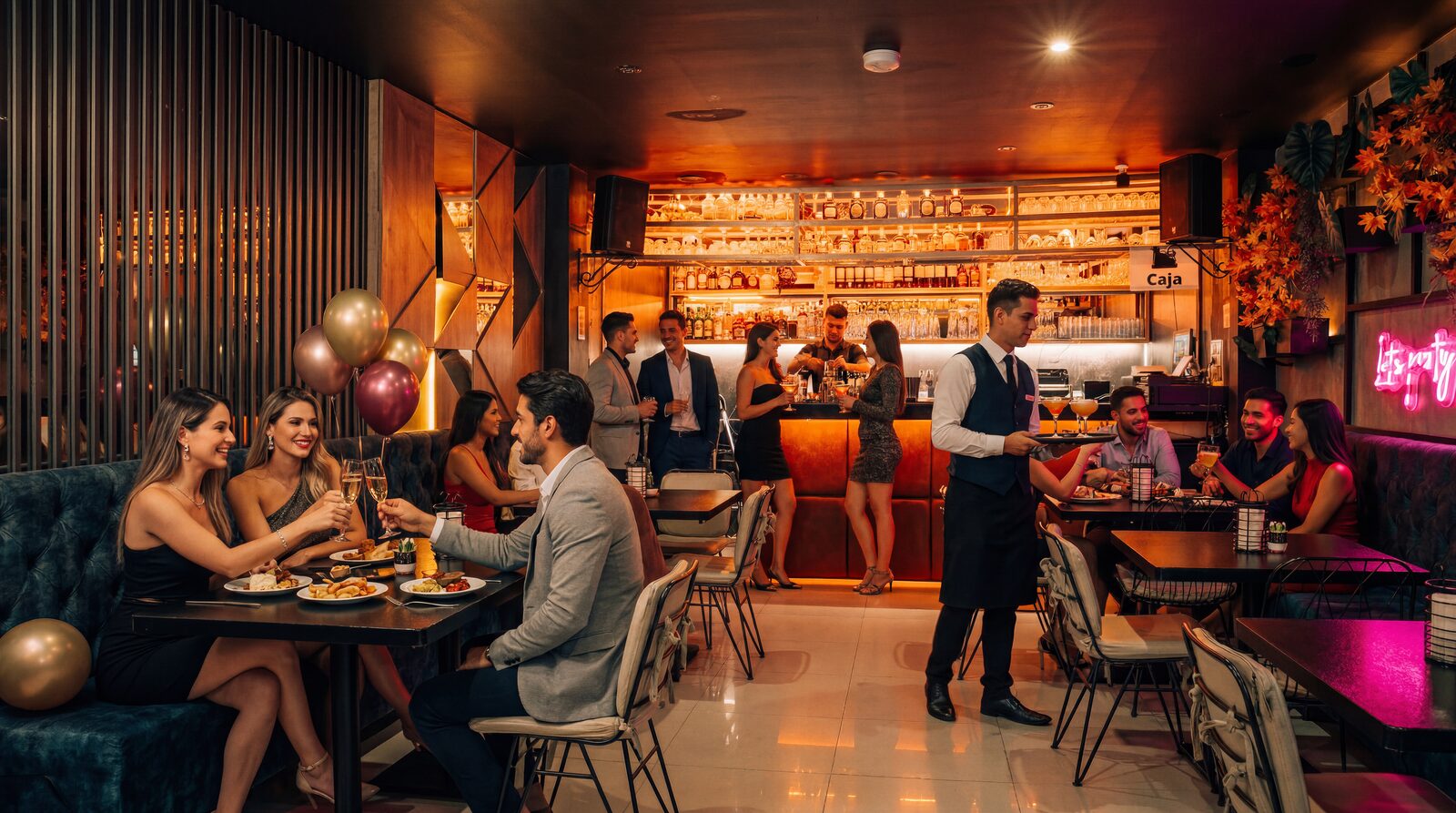 Interior de Rey Parrillero Envigado de noche con clientes