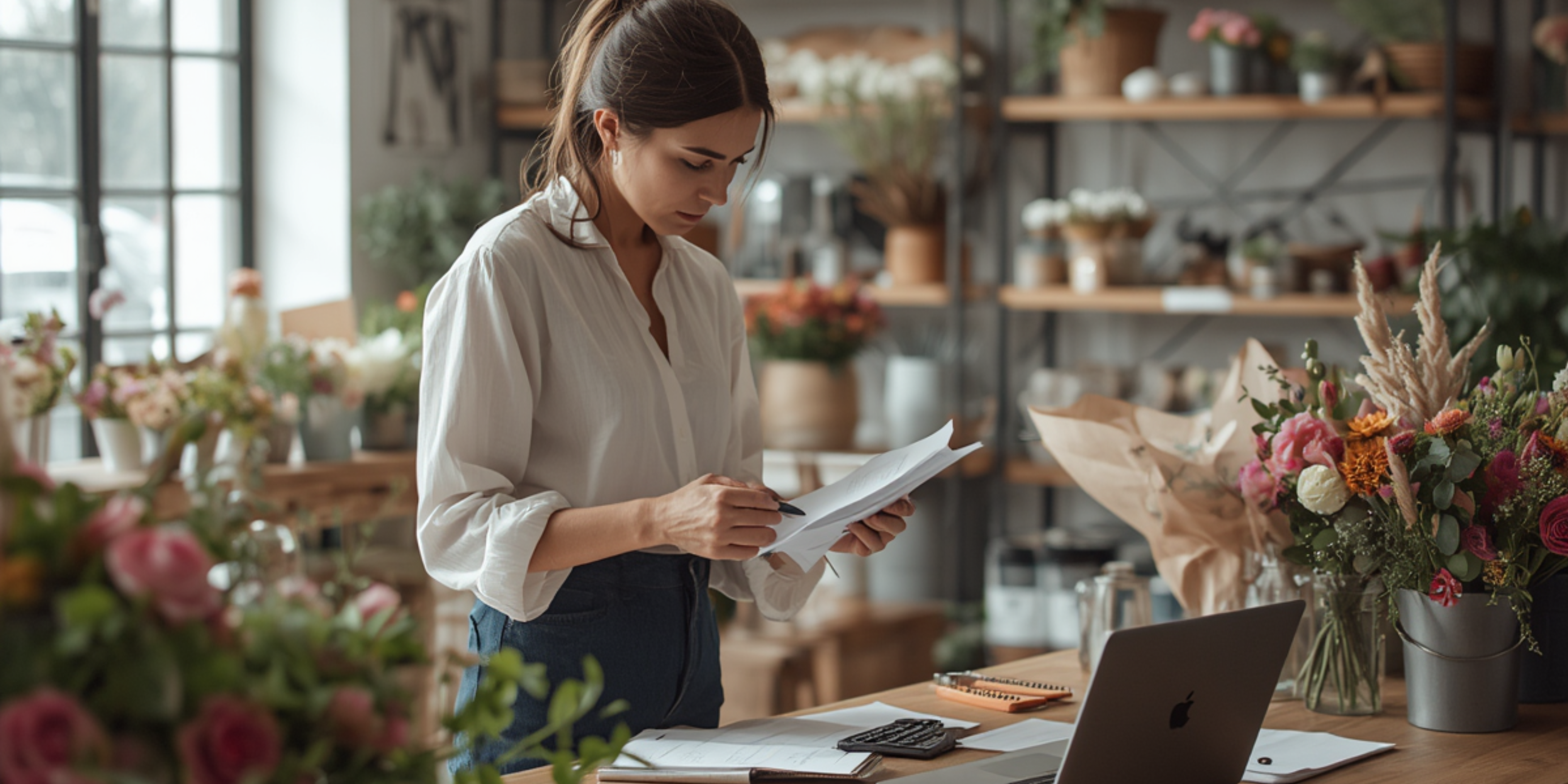 Florist business owner reviewing invoices, cash flow paperwork, and a laptop at a workbench inside a flower shop.