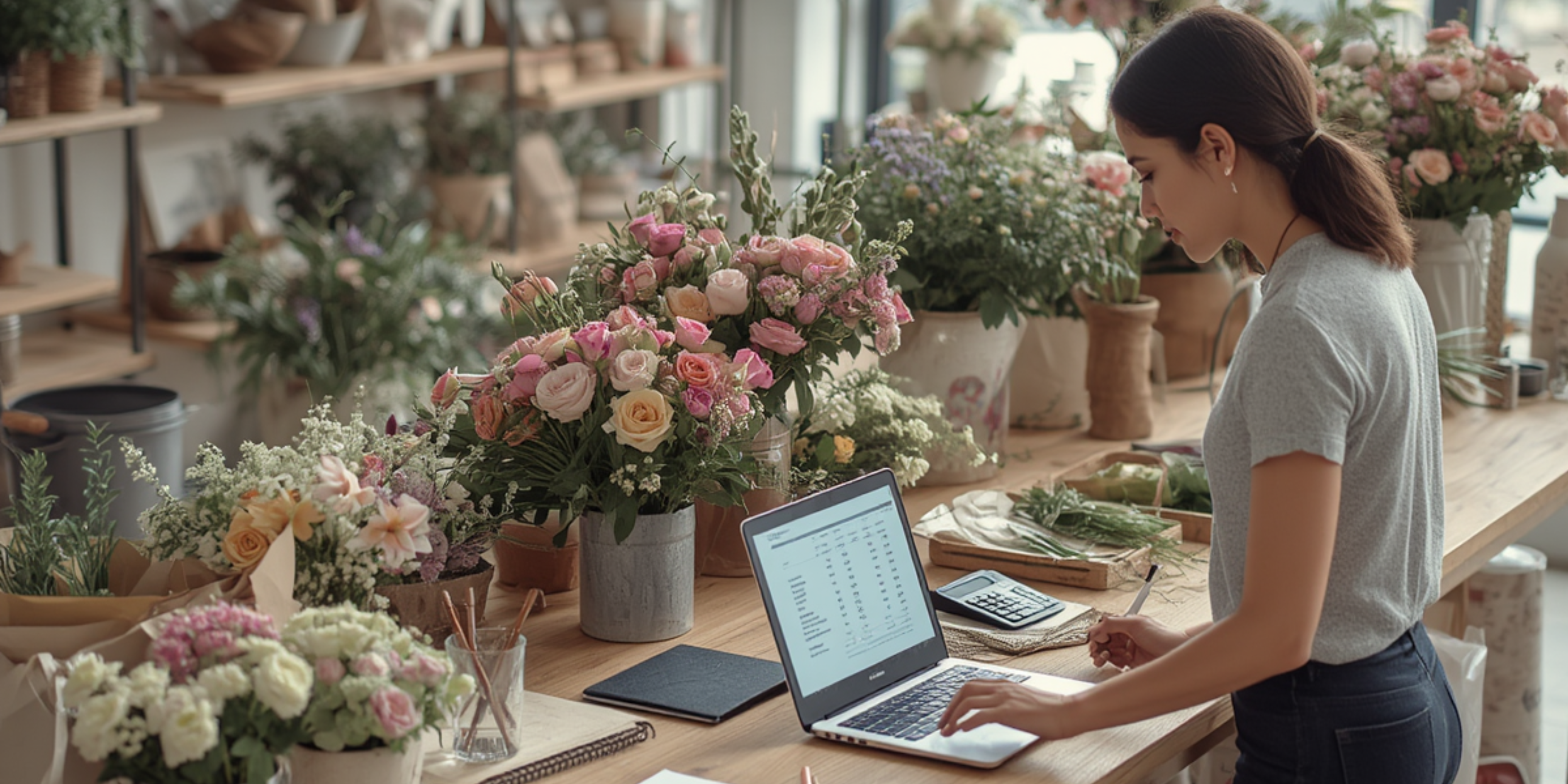 Florist business owner reviewing a cash flow spreadsheet on a laptop at a flower shop workbench, surrounded by fresh flowers, a calculator, and notebooks.
