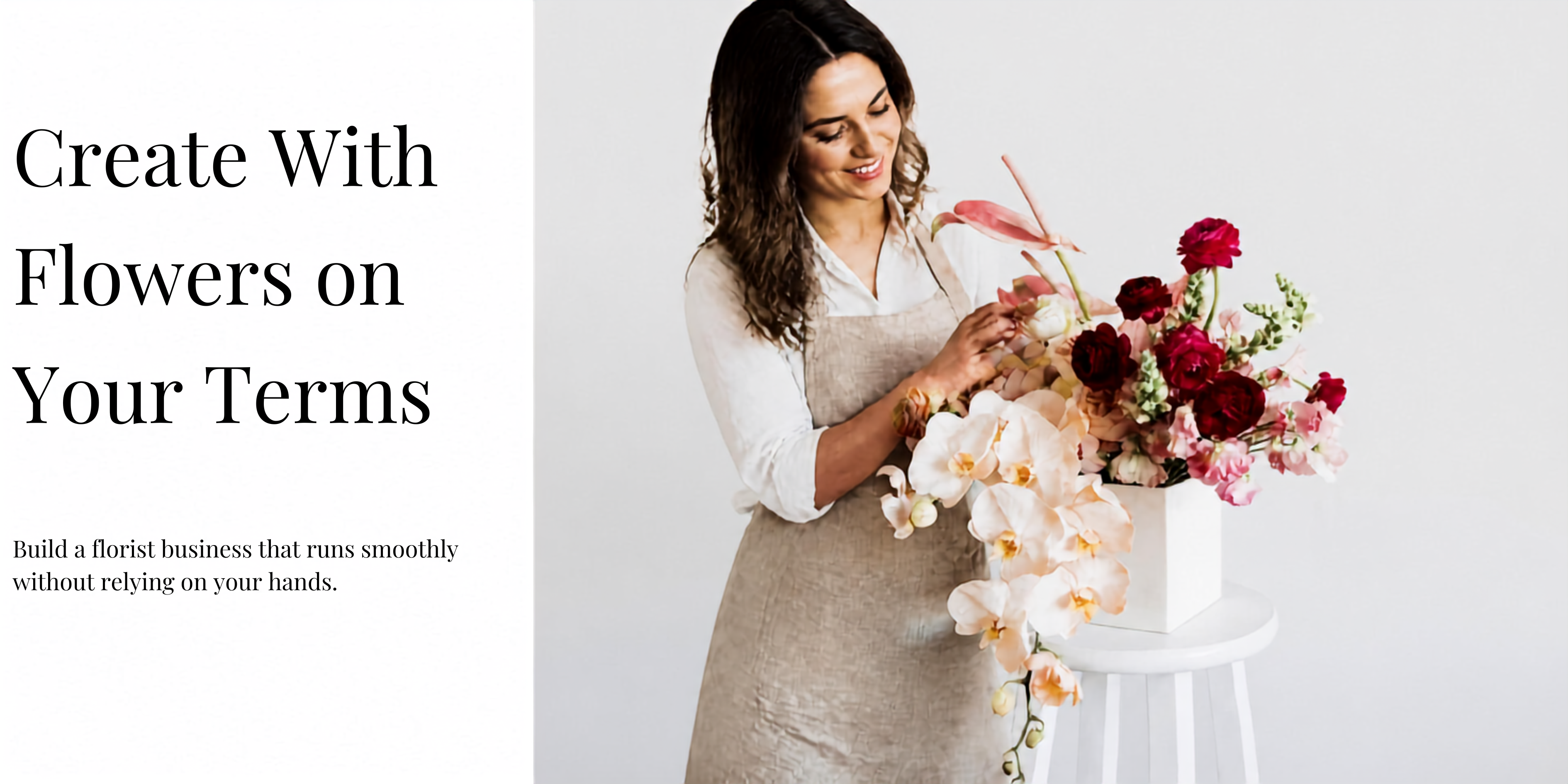 Florist business owner creating a floral arrangement in her studio, enjoying the freedom to work with flowers on her own terms.
