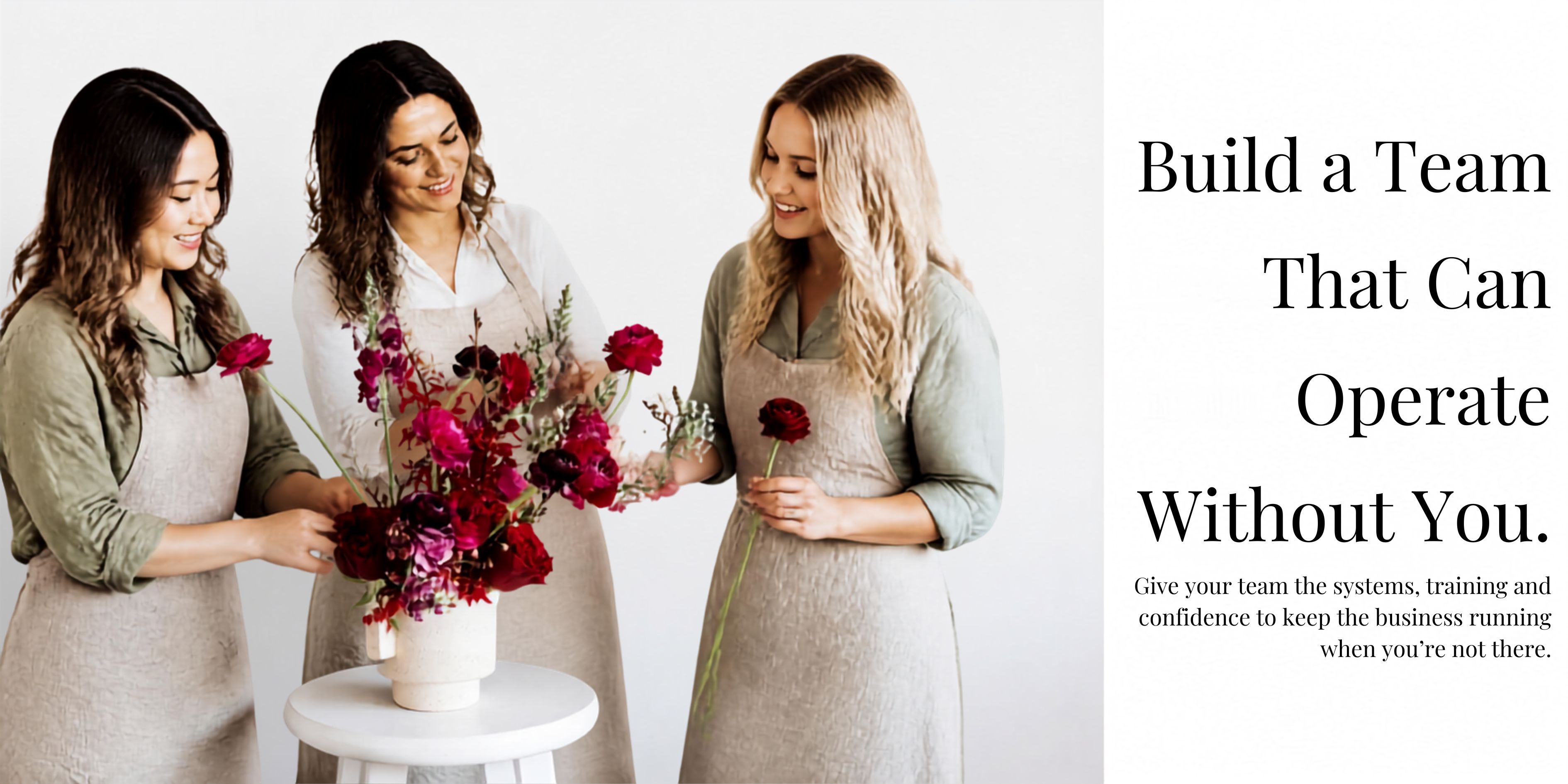 Florist business owner working with her team in a flower studio, supported by clear systems and training.