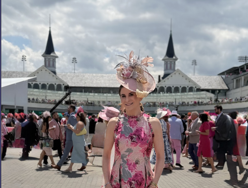 Alison T. at Churchill Downs wearing a custom Kat In A Hat pink Derby fascinator