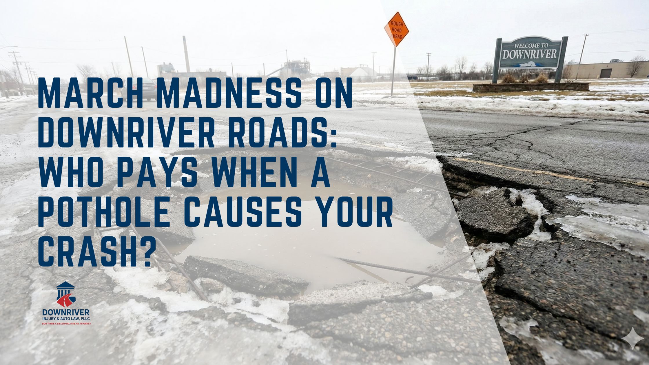 A deep, jagged pothole on a cracked Downriver Michigan road, highlighting the dangers of spring driving and highway defects.