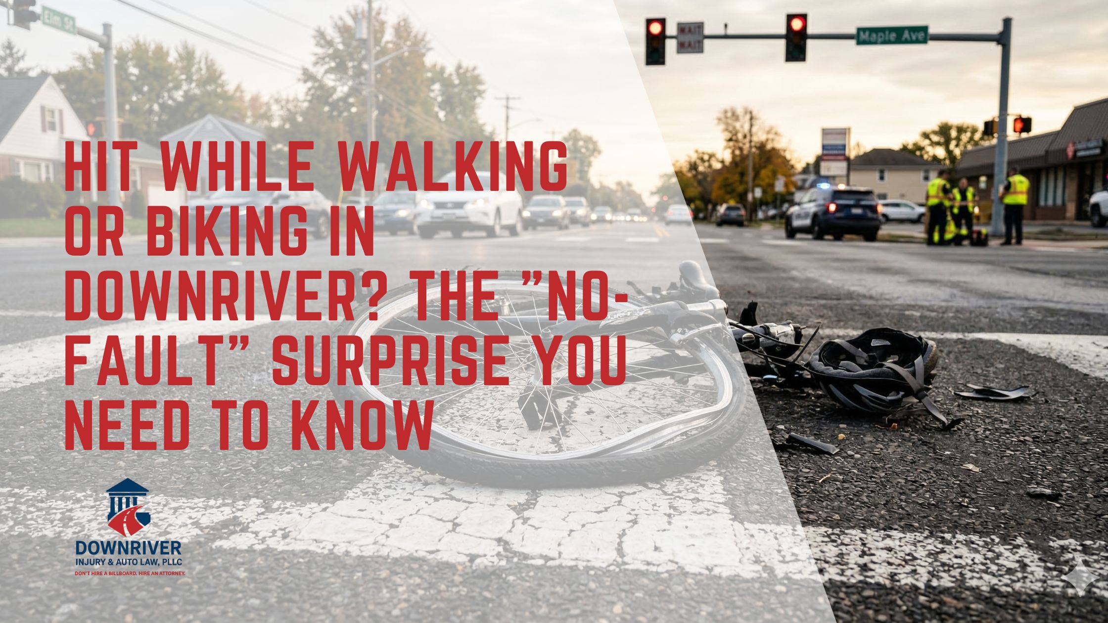 A destroyed bicycle lying on the pavement near a painted crosswalk line, illustrating the dangers pedestrians and cyclists face from distracted drivers in Michigan.