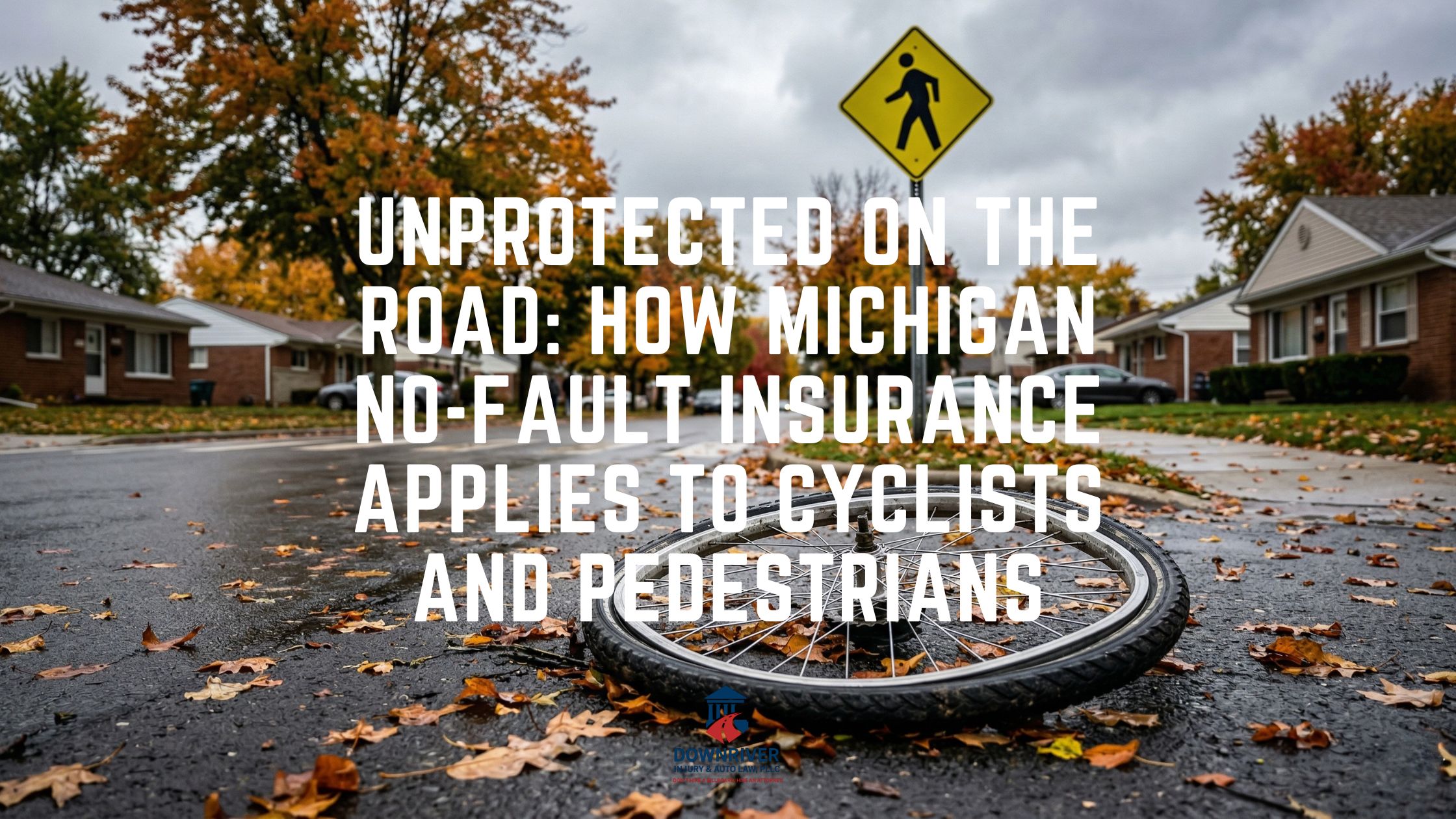 A close-up of a damaged bicycle tire next to a pedestrian crosswalk sign with autumn leaves on the pavement, symbolizing the dangers cyclists face in Michigan.