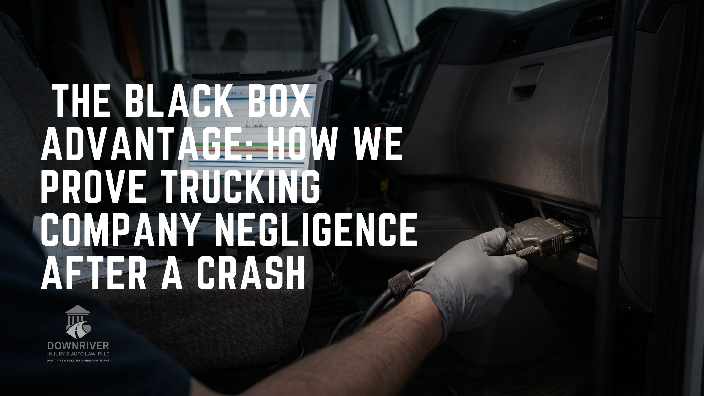 A close-up of an investigator connecting a diagnostic laptop to a commercial semi-truck's Electronic Control Module (black box) after an accident.