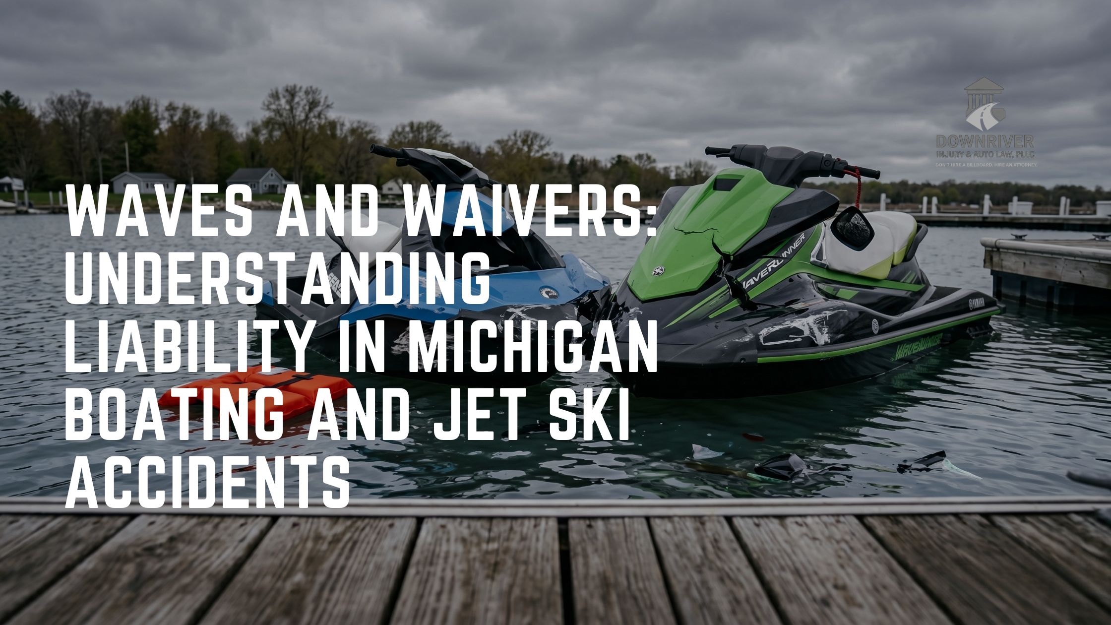 Two damaged jet skis bobbing in the water near a marina dock, illustrating the dangers and legal liability of Michigan boating accidents.