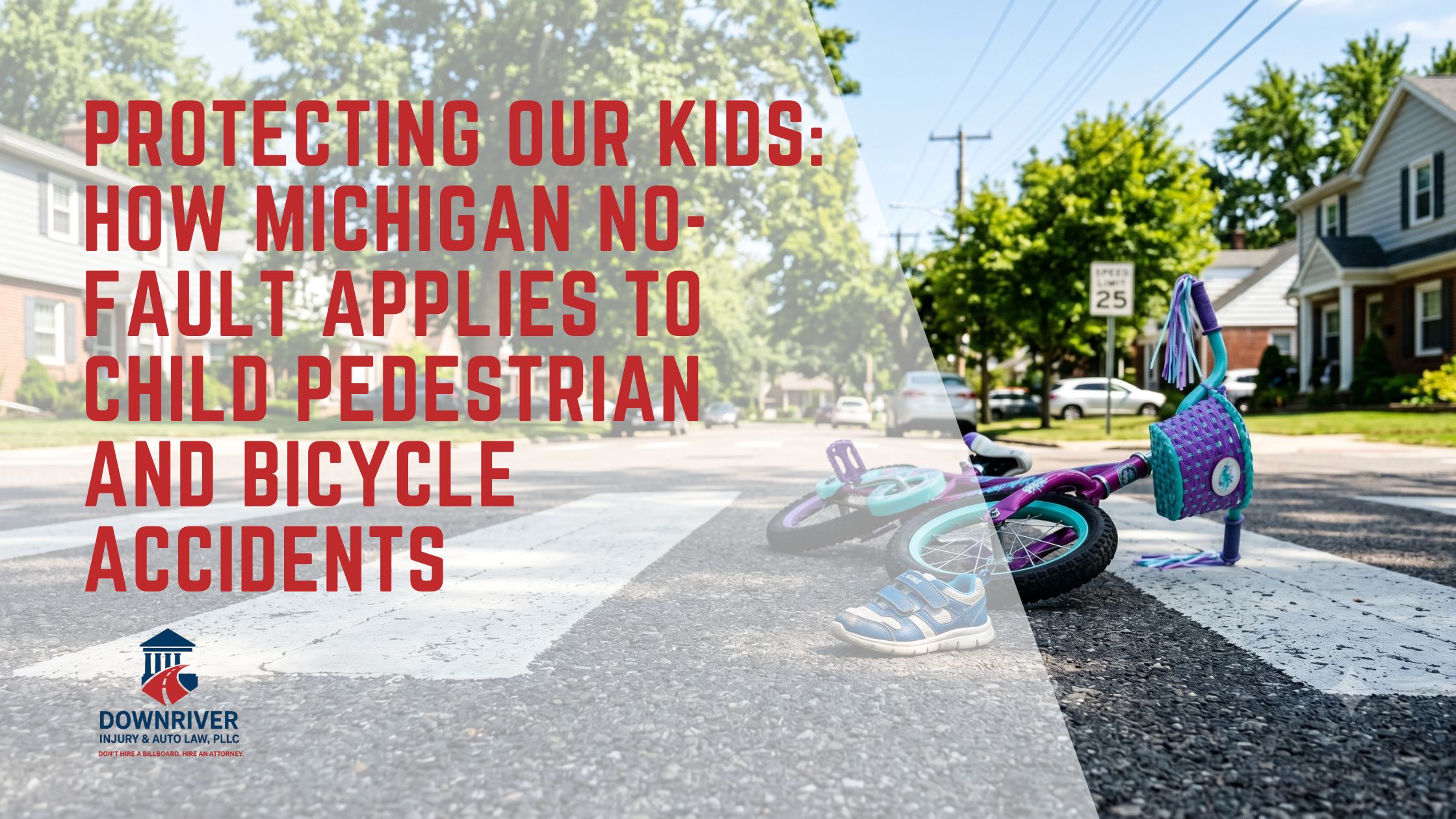 A child's abandoned bicycle lying on a residential street near a crosswalk, highlighting the legal complexities of youth pedestrian accidents in Michigan. A child's abandoned bicycle lying on a residential street near a crosswalk, highlighting the legal complexities of youth pedestrian accidents in Michigan.
