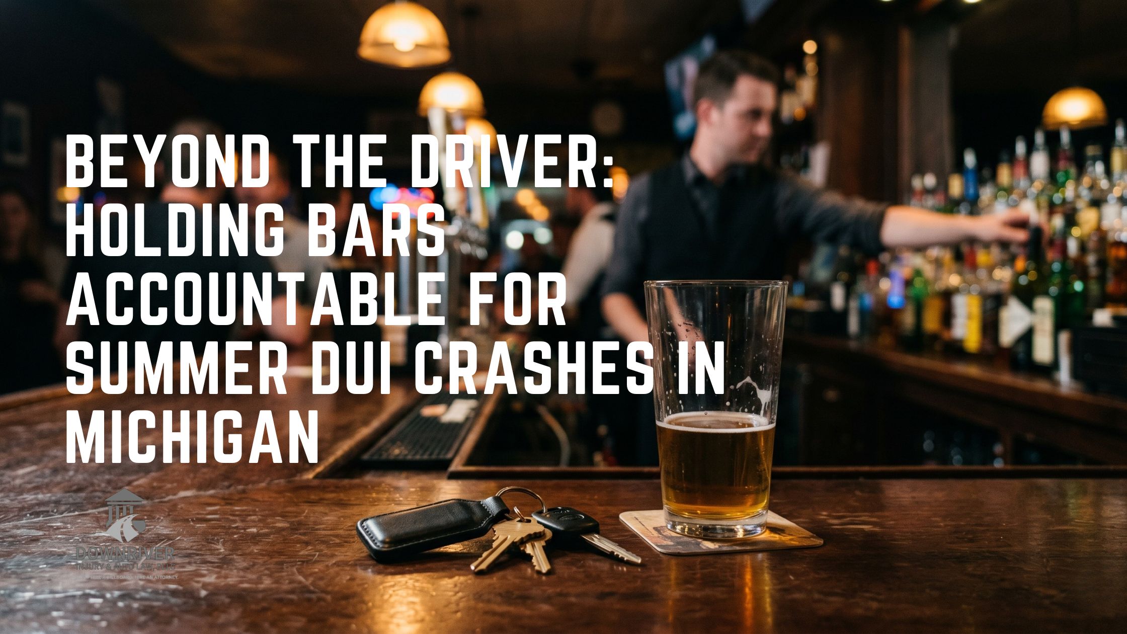 A blurry bartender pouring a drink in the background with a sharp focus on a set of car keys on the bar counter, representing Dram Shop liability for drunk driving accidents.
