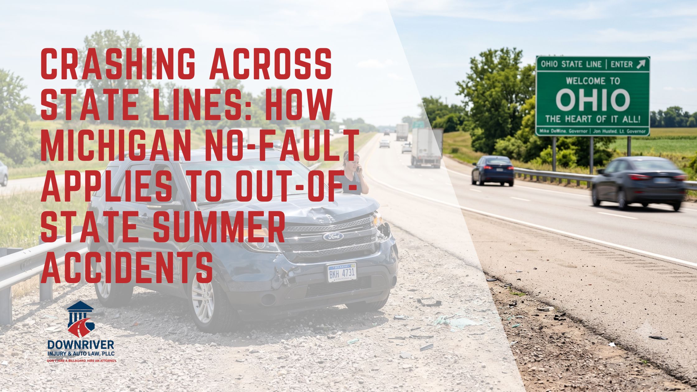 A severely damaged car on the shoulder of an interstate highway next to a state border welcome sign, illustrating an out-of-state car accident. A severely damaged car on the shoulder of an interstate highway next to a state border welcome sign, illustrating an out-of-state car accident.