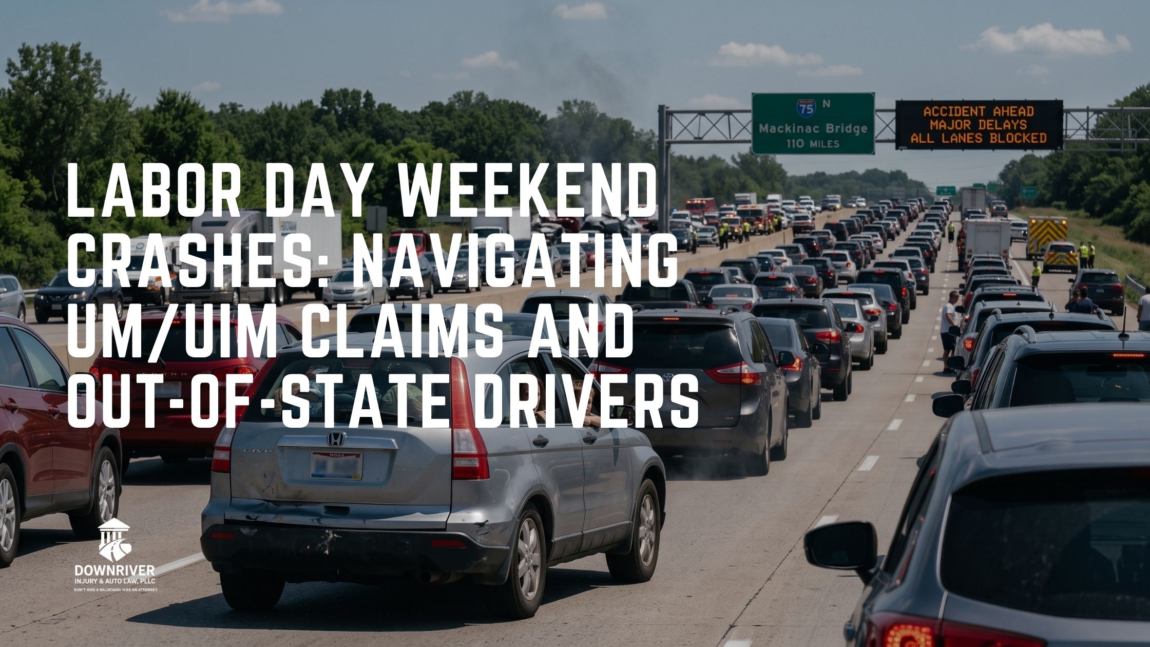 A multi-vehicle car accident causing a severe traffic backup on a busy daytime highway, illustrating the danger of out-of-state drivers with low insurance limits.