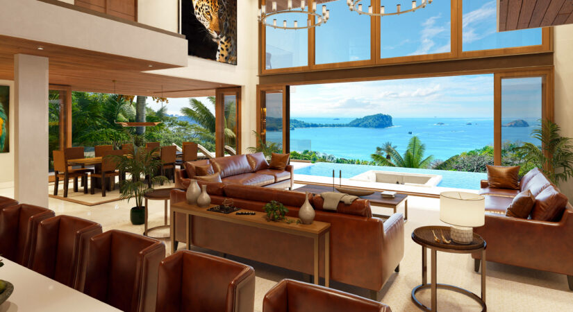 Living room with ocean view and modern furnishings
