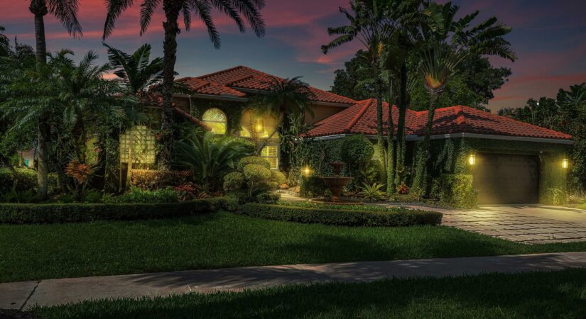Luxury waterfront property in South Florida at dusk