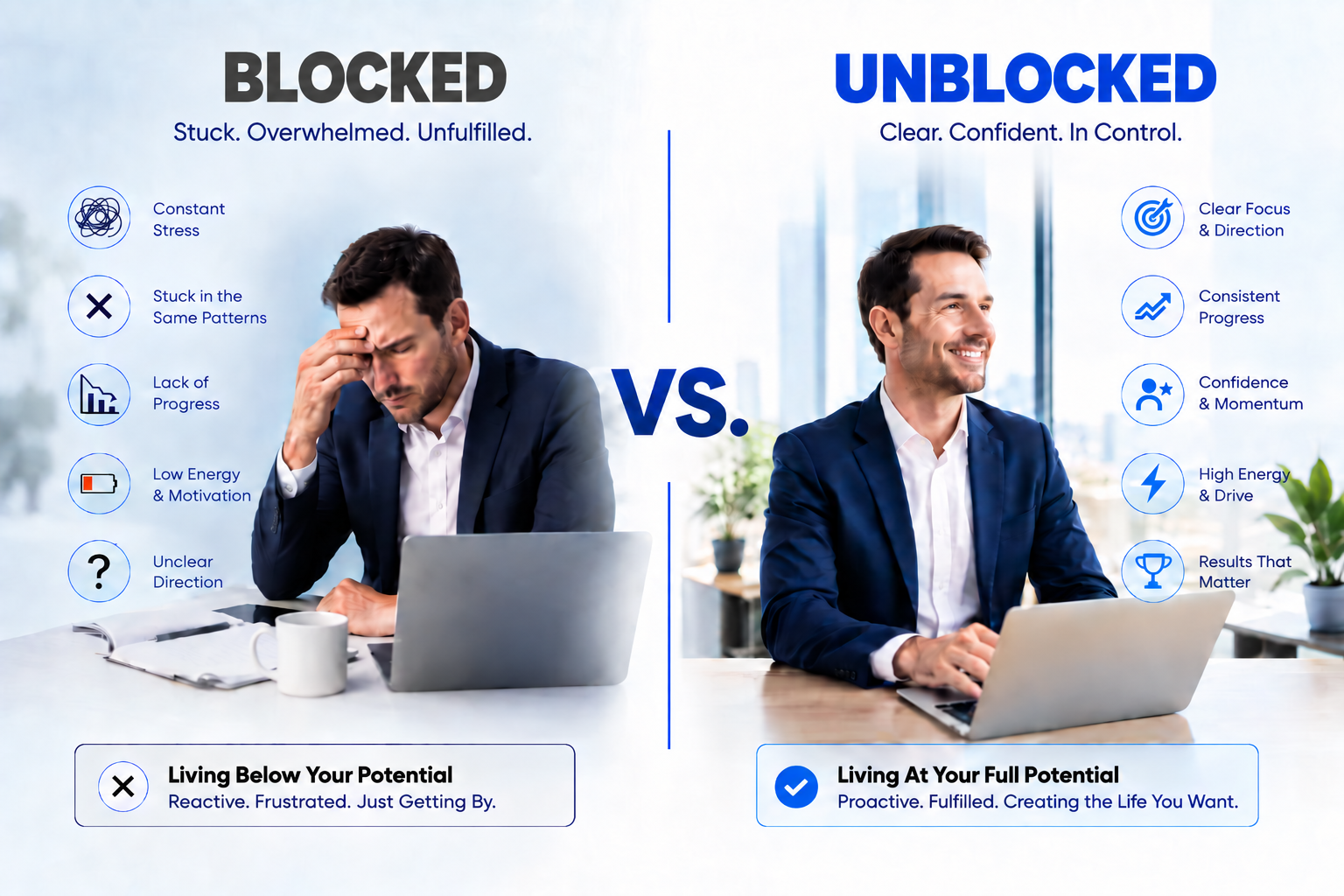 A person moving toward a goal is blocked by a visible obstruction; beneath the surface line sit four blocks representing the Four Blocks: Internal Conflict, Limiting Belief, Unconscious Pattern, and Unresolved Experience.