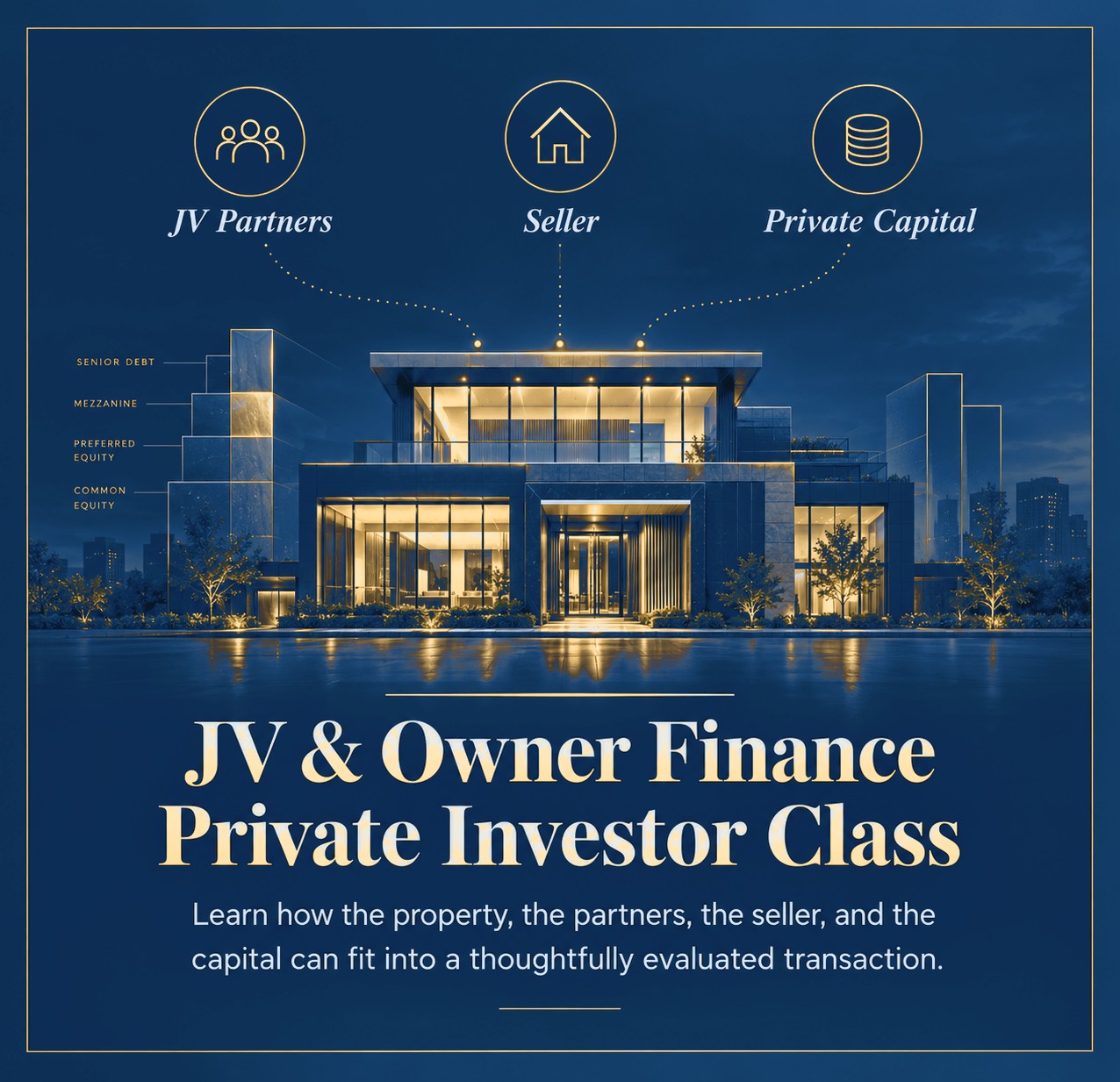 A modern luxury property at night with three capital sources, JV partners, seller, and private capital, connected to its roof. The JV & Owner Finance Private Investor Class.