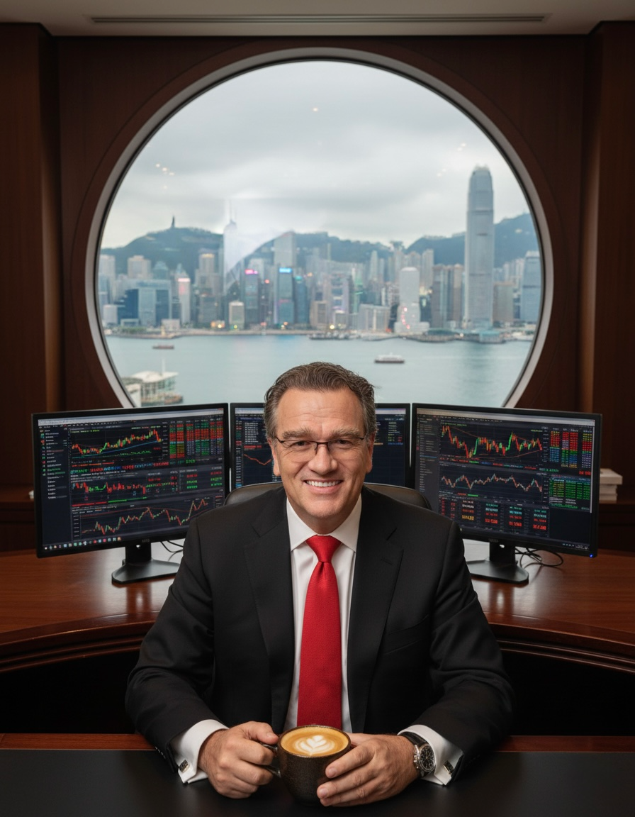 Anric Blatt in his Hong Kong office with city skyline and trading screens