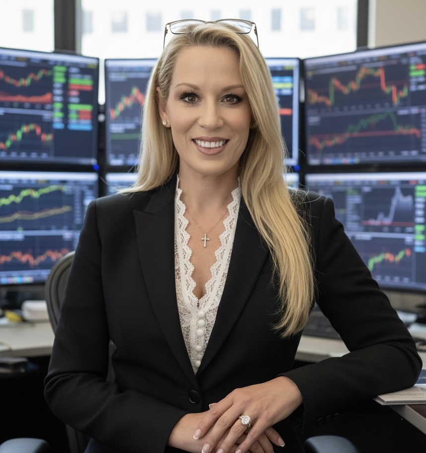 Lauralouise Blatt in front of trading screens