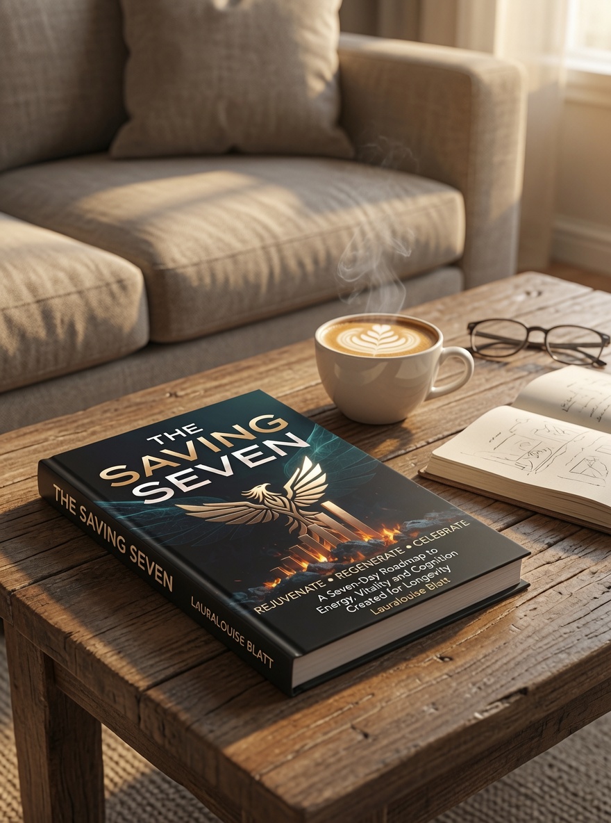 The Saving Seven resting on a wooden table beside a fresh cup of coffee, glasses, and an open notebook in soft morning light.
