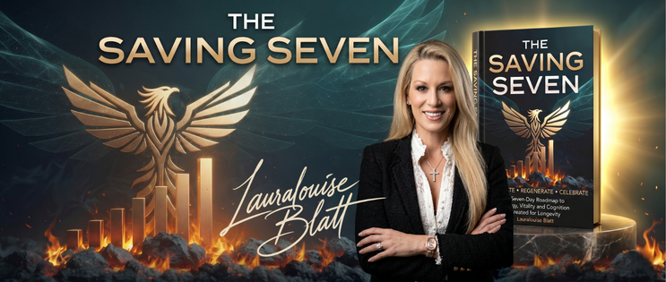 THE SAVING SEVEN by Lauralouise Blatt. A rising gold phoenix and ember bars beside the author and her gold signature.