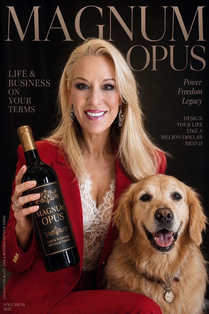 Lauralouise Blatt on the cover of Magnum Opus, Life and Business on Your Terms, holding a Magnum Opus bottle beside her golden retriever.