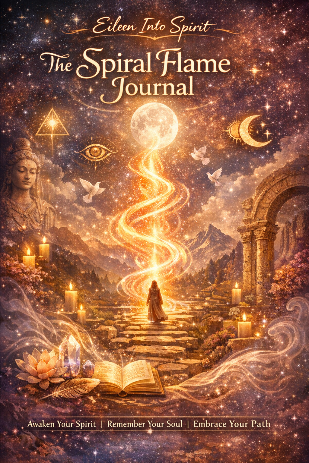 Mystical digital illustration for Eileen Into Spirit: The Spiral Flame Journal featuring a radiant spiral flame, sacred symbols, a cloaked woman on a stone path, and spiritual elements like a goddess statue, open book, and glowing moon - representing intuitive guidance, soul remembrance, and spiritual awakening. 