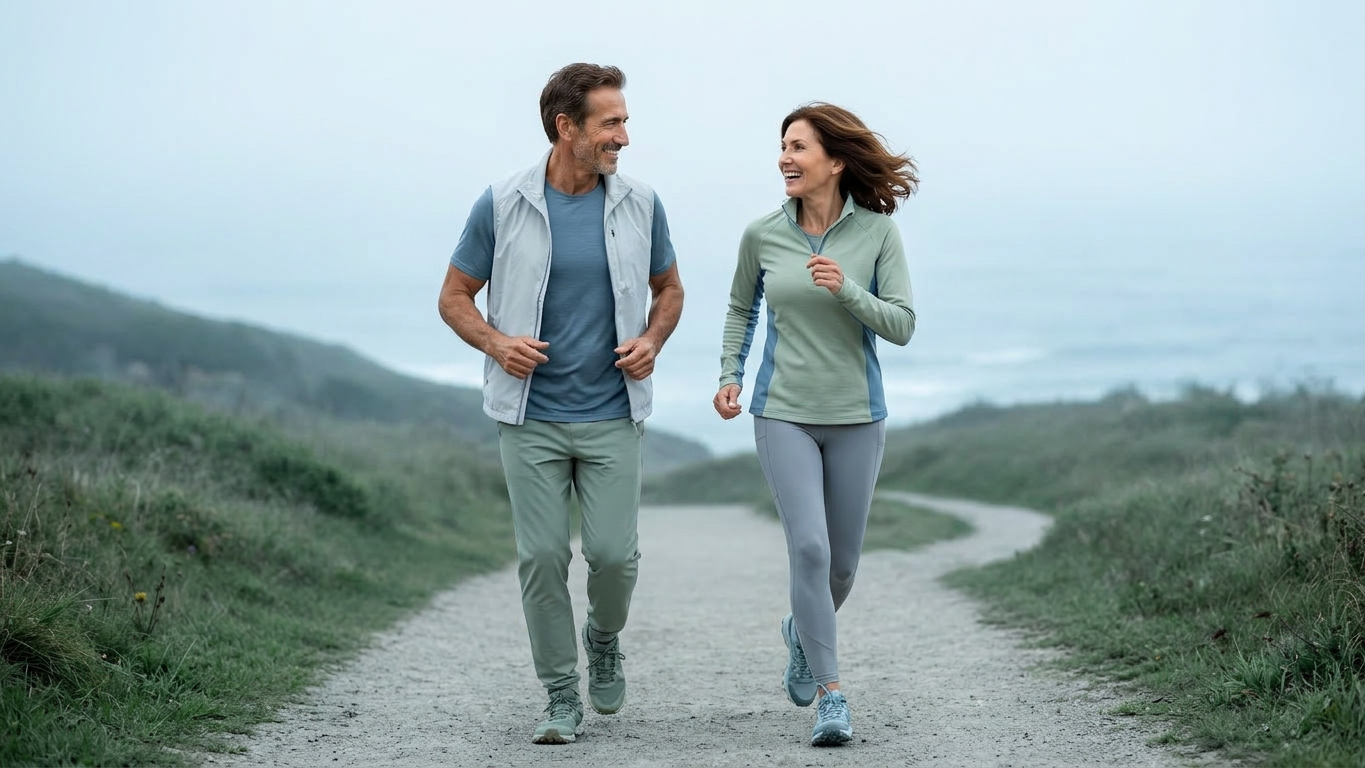 Active woman in her late fifties hiking through a sunlit forest trail