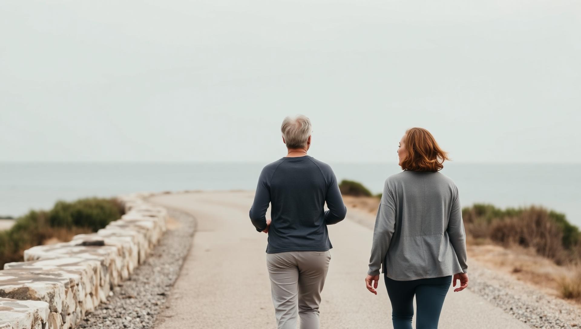 Two people in their 50s–60s walking together on a quiet coastal path in soft cool light