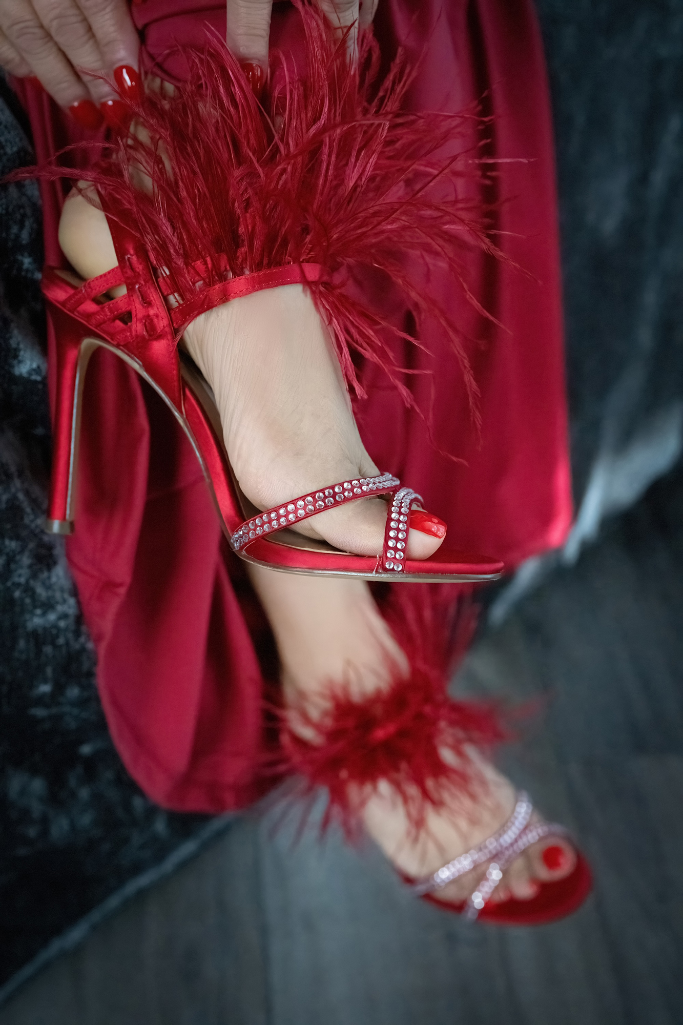 red feather heels close up romantic boudoir detail Pasadena by Barb Hauser Photography