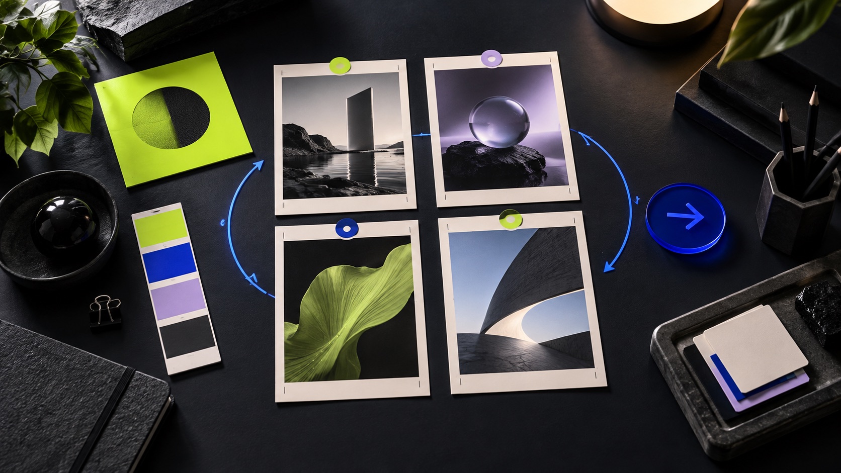 Creative review board with visual references and iteration markers