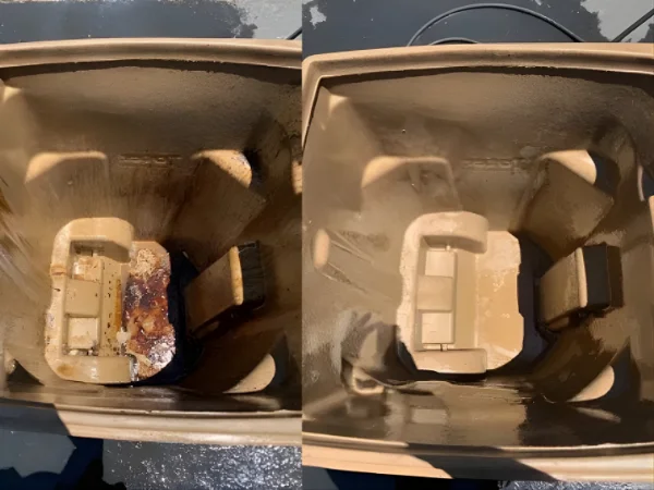 A split image shows a dirty sump pump pit on the left and a cleaner one on the right, both from an overhead view.