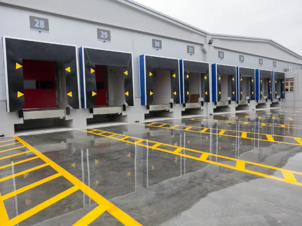 A wide view of multiple empty loading docks at a modern warehouse with yellow safety markings on wet pavement.