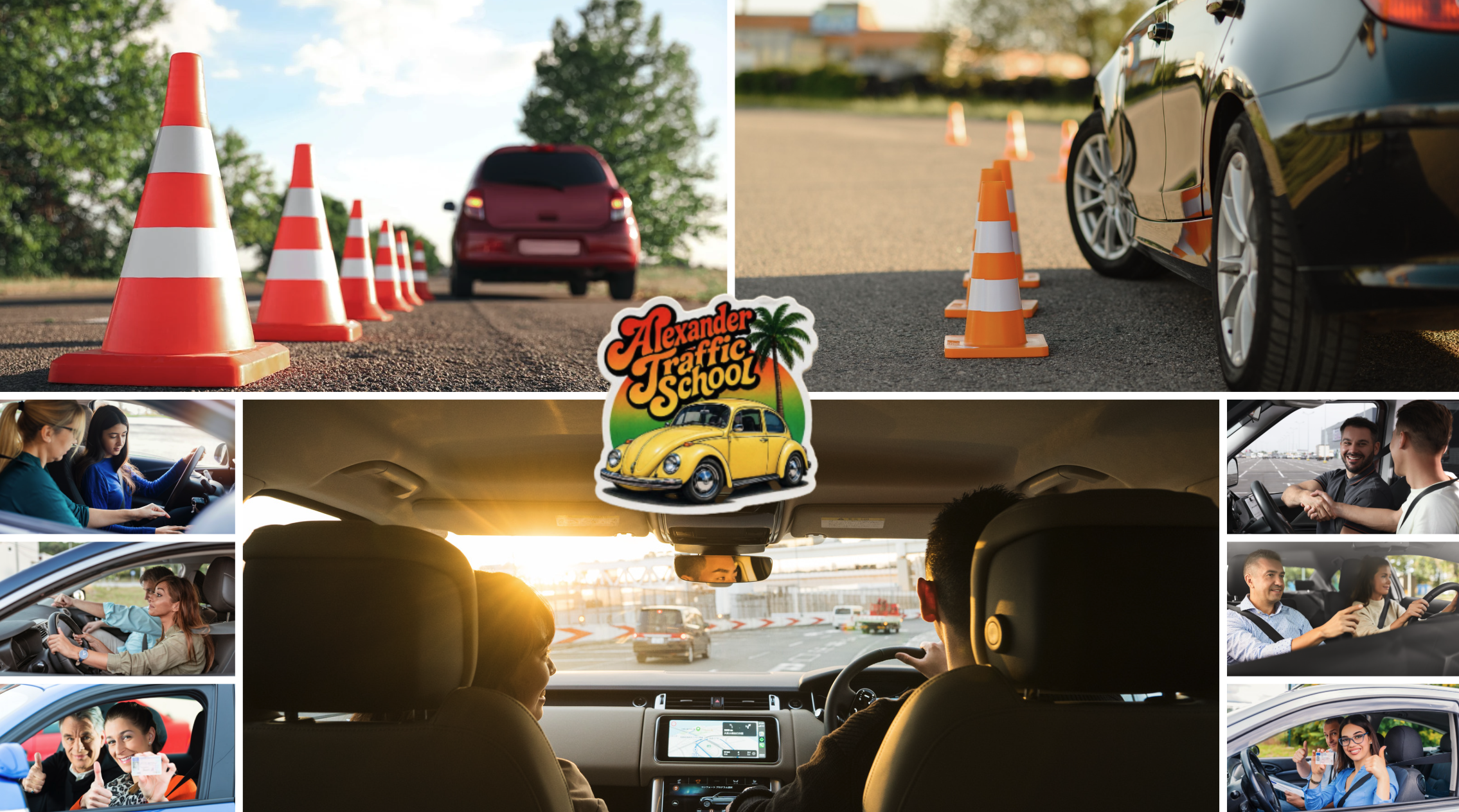 Behind the wheel perspective with Alexander Traffic School Beetle emblem on the dashboard