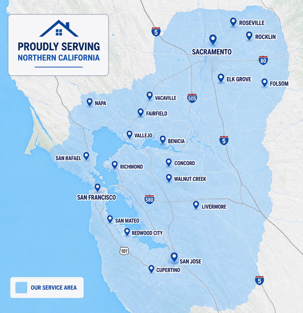 Map of Camarillo Roofing Solutions service area covering the Bay Area and Sacramento region