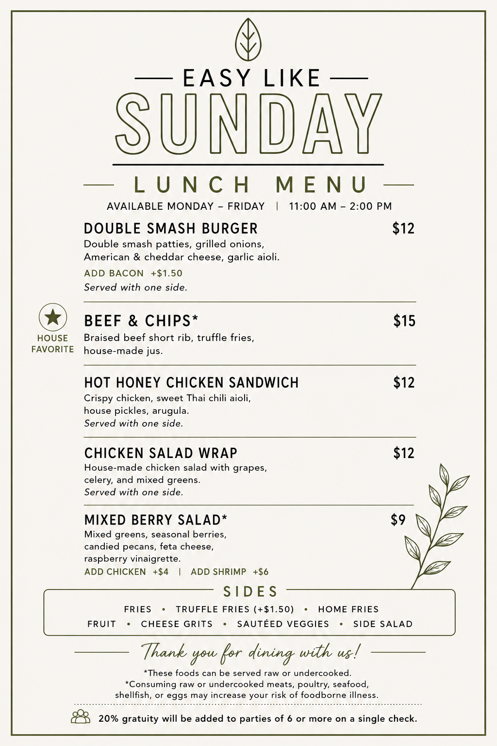 Easy Like Sunday Greensboro lunch menu available Monday through Friday from 11 AM to 2 PM