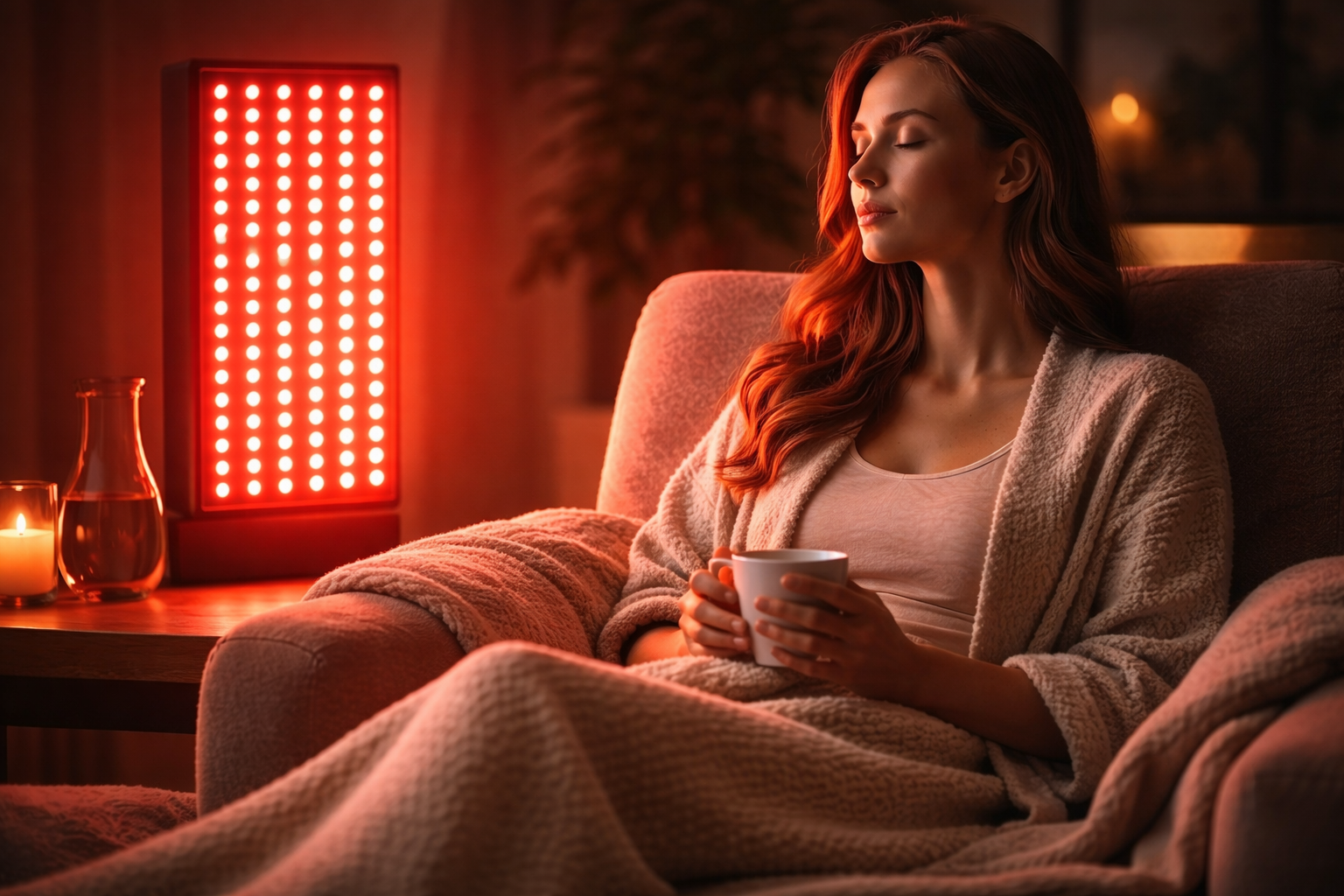 жена с чаша чай пред панел за терапия с червена светлина