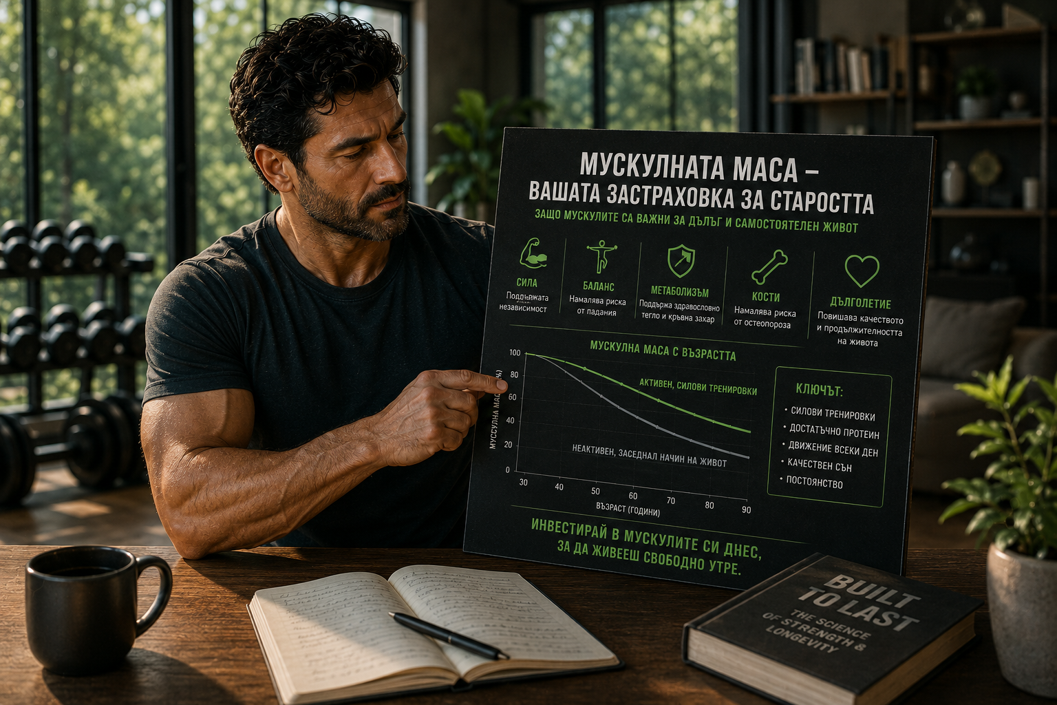 мъж показва табло с графики и информация за мускулна маса и тренировки