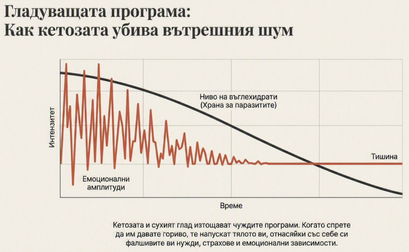 Графика за кетозата и вътрешния шум, показваща постепенно намаляване на емоционалната амплитуда и преминаване към тишина с течение на времето. Графика за кетозата и вътрешния шум, показваща постепенно намаляване на емоционалната амплитуда и преминаване към тишина с течение на времето.